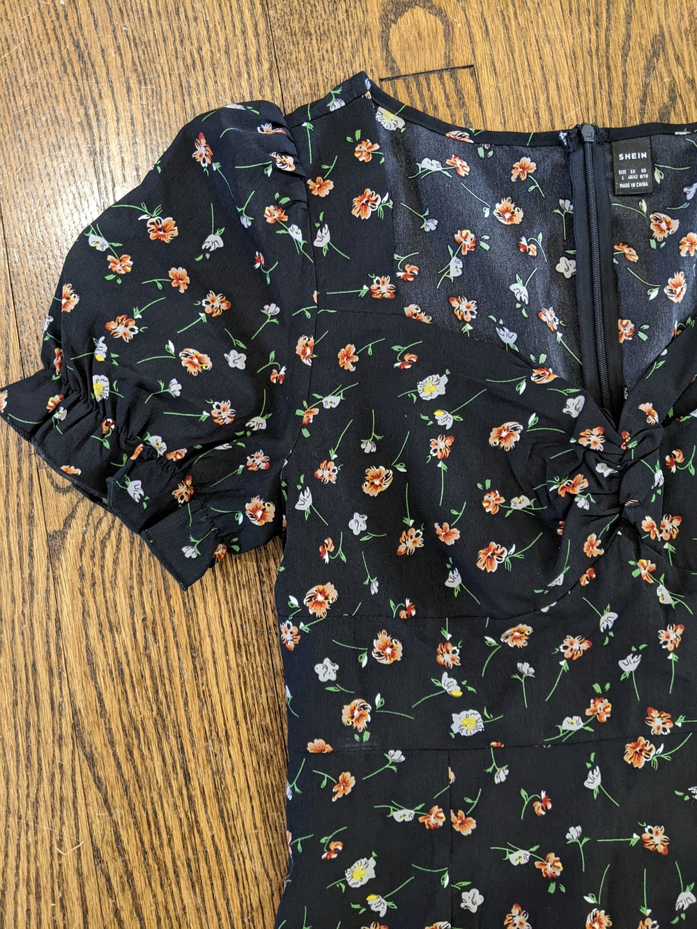 Black Floral Midi Dress with Puff Sleeves With Cinched Bodice - Picture 2 of 6